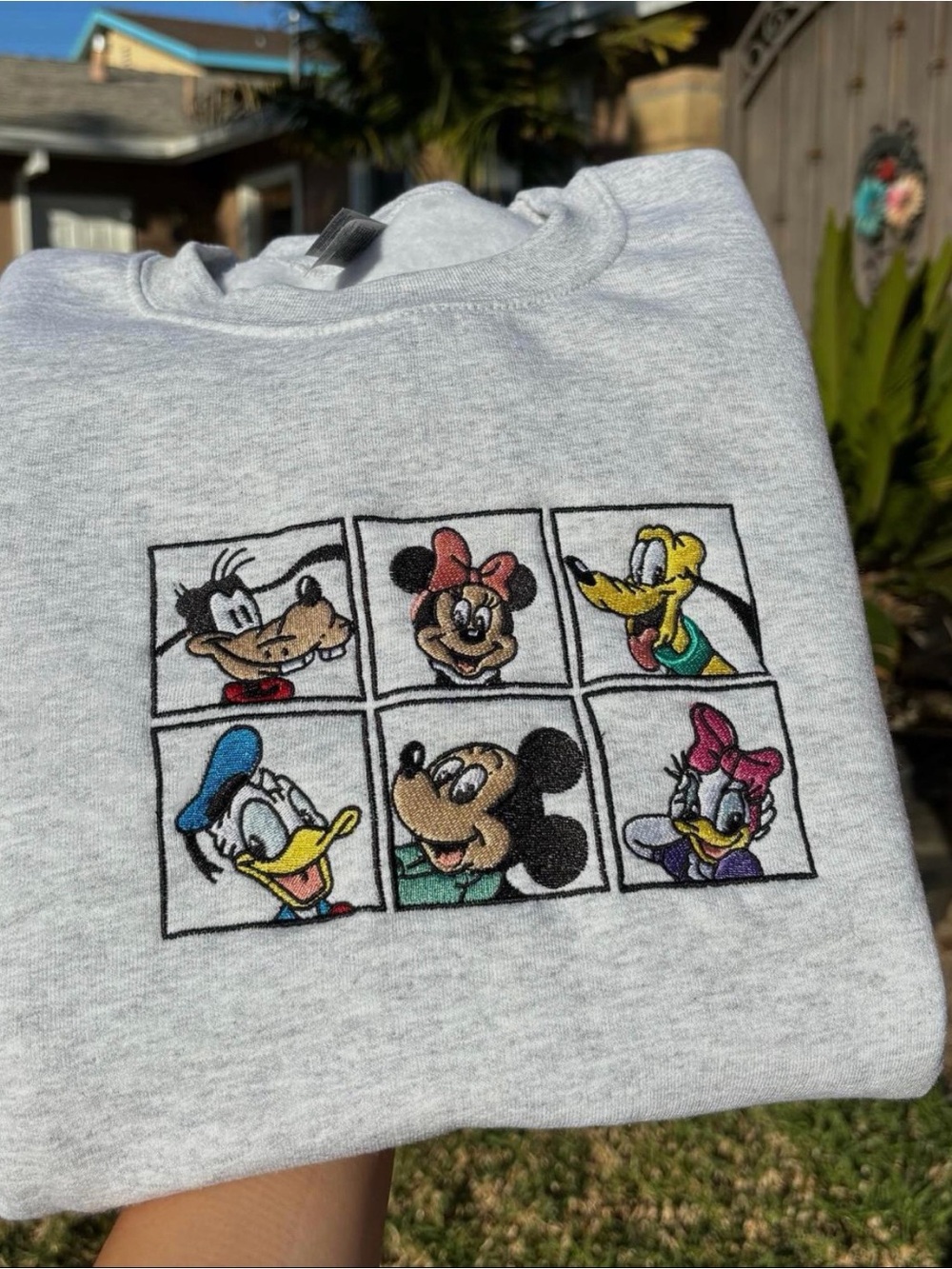 Disney Gray vintage crewneck, thick Embroidered Mickey & Friends Panels